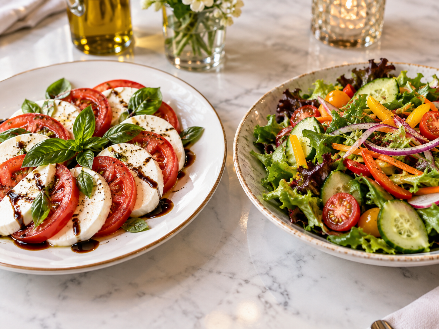 Caprese salad and fresh garden salad