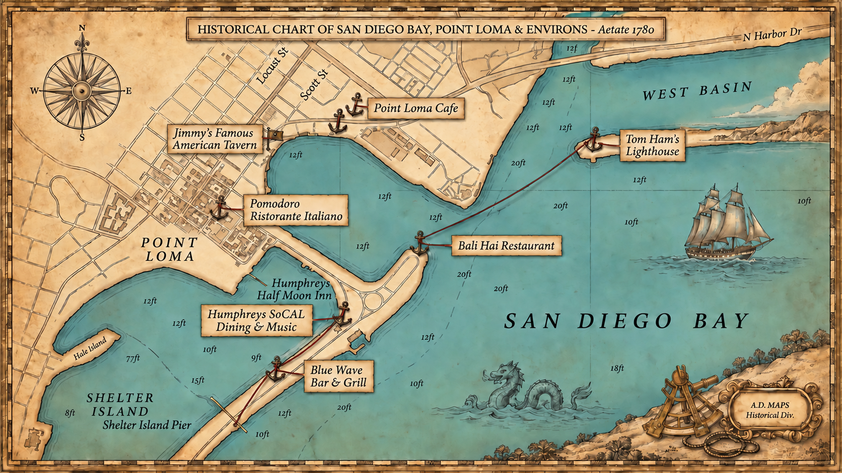 Historical chart map of San Diego Bay, Point Loma and Shelter Island featuring BoatBNB dining partners